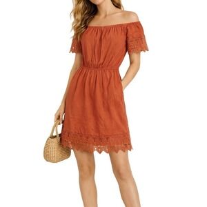 Iris Rust Orange Off The Shoulder Crochet Lace Trim Mini Dress 1XL I